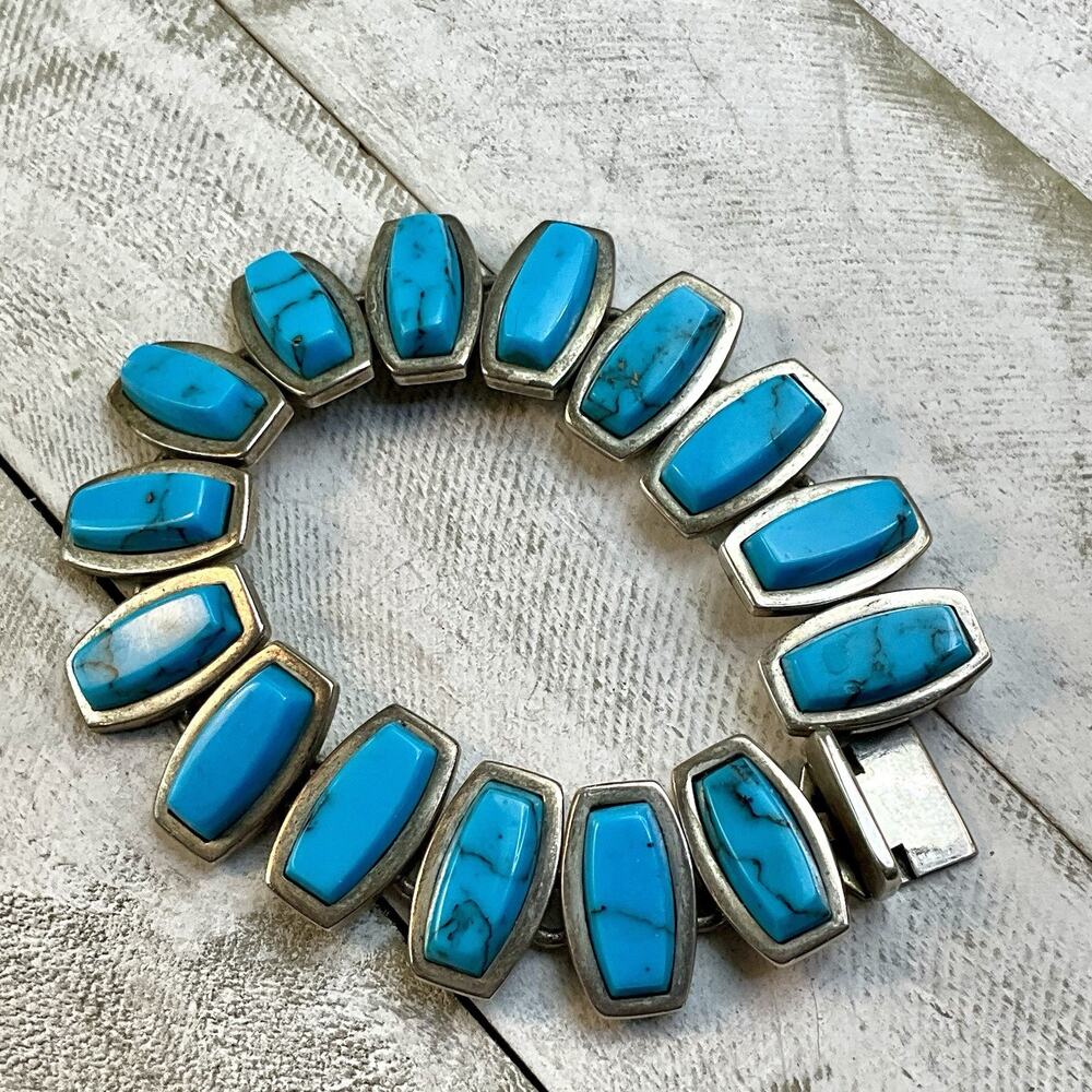 Taxco Mexico Sterling Silver 925 Vintage Turquoise Panel Link Bracelet 61.4g - Picture 2 of 12